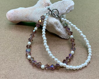Double strand bracelet, pearl bracelet, crystal bracelet, amethyst crystals, bridal bracelet, Handmade in Hawaii, February birthstone
