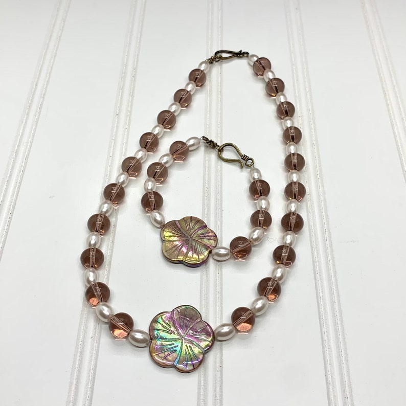 Necklace set glass pearl jewelry bridal set flower necklace bracelet set mother of pearl jewelry purple glass jewelry made in Hawaii