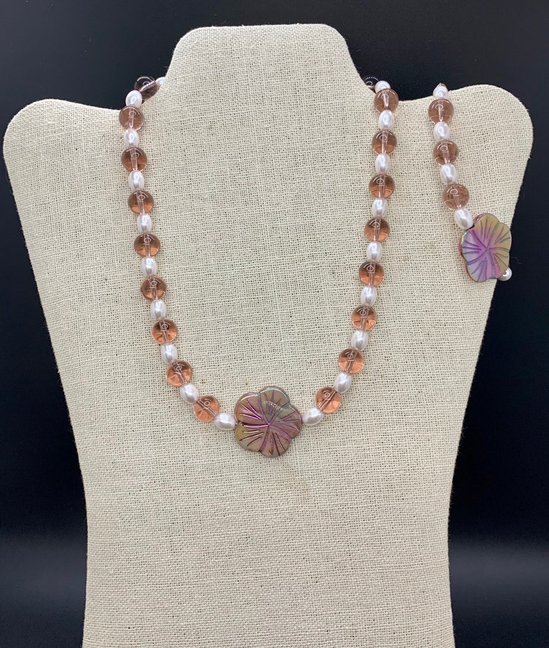 Necklace set glass pearl jewelry bridal set flower necklace bracelet set mother of pearl jewelry purple glass jewelry made in Hawaii
