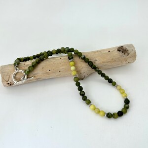 green natural jade beaded necklace, 18&quot; necklace, hand made in Hawaii, yellow green jade necklace, silver bamboo toggle clasp, multi colored