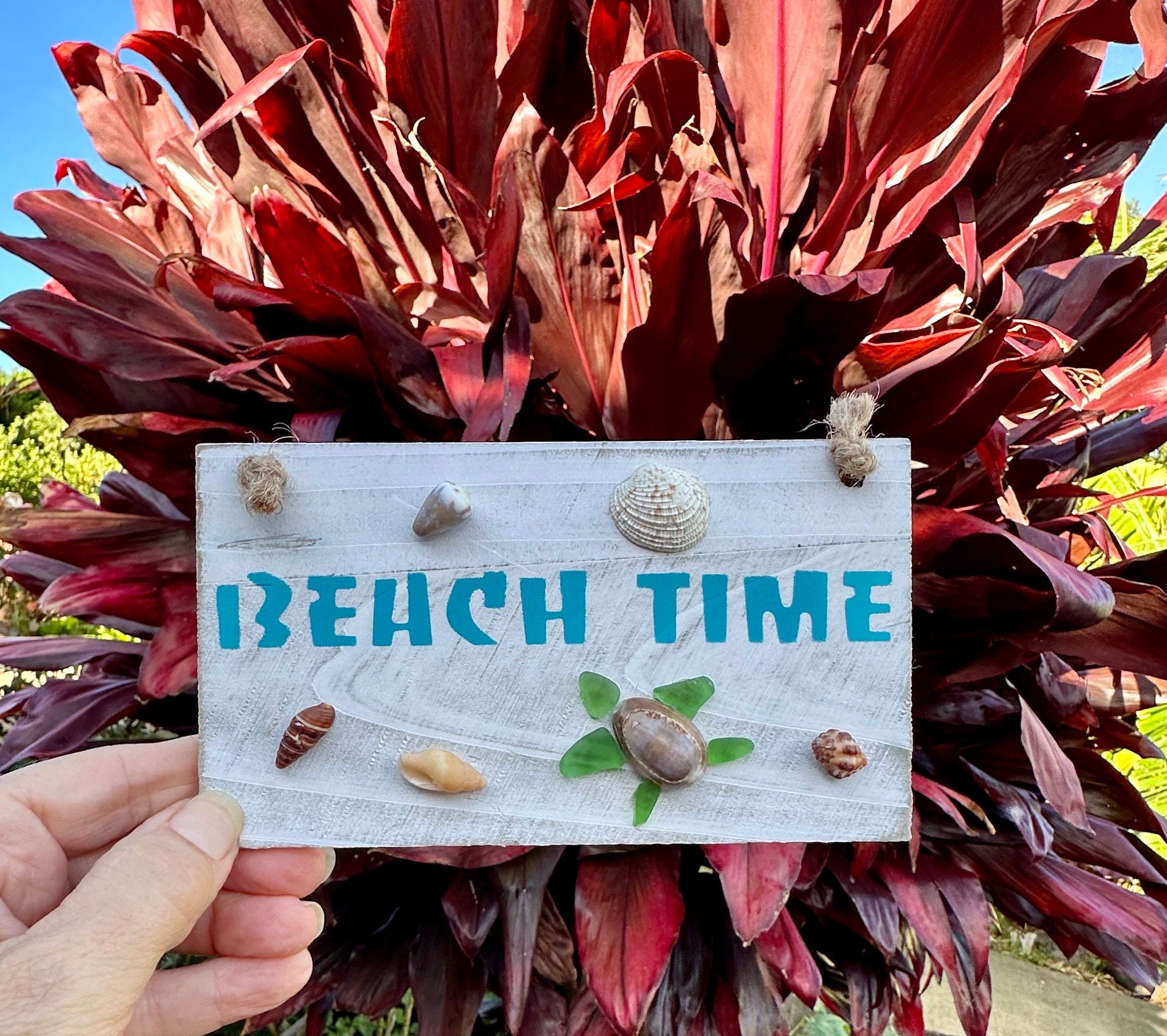 Beach Time wood plaque, sea glass and sea shell art, beach house décor, tropical picture, Maui souvenir, Handmade on Maui, coastal décor