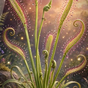 May include: A sundew plant with long, slender green leaves covered in red glandular tentacles tipped with glistening, dew-like droplets. The leaves curl at the ends, rising from a central base surrounded by small green ferns and tiny flowers.