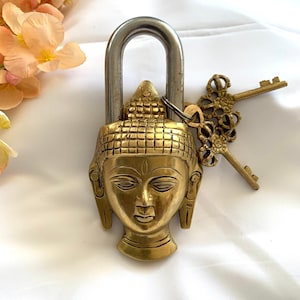 Brass Buddha functional padlock with two keys; shed lock; Antique lock; Buddha Novelty; Tibetan Buddha;