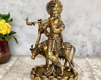Brass Krishna Statue, 28CM Cow Krishna Brass Idol,Hindu Religious god Krishna Bhagwan for Temple Mandir Altar, Lord Krishna Murti,Home Decor