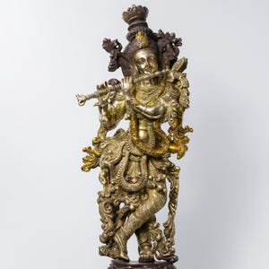 Large Brass Krishna Statue 30 Inch In Brown finish, Brass Krishna Figurine Hindu Divine God Murali Krishna Idol for Home Wedding gifts