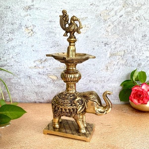 Brass Elephant Diya stand with peacock, Annapakshi oil and wick Lamp, Indian home decor, Vintage Handmade Oil Lamp, Diwali Home decor, Gifts