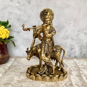 Brass Krishna Statue, 28CM Cow Krishna Brass Idol,Hindu Religious god Krishna Bhagwan for Temple Mandir Altar, Lord Krishna Murti,Home Decor