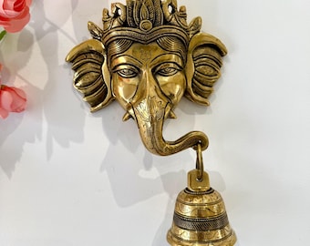Colgante de pared de Ganesha de latón con campana, decoración religiosa hindú para sala de Pooja, decoración espiritual del hogar, regalo de inauguración de la casa, decoración de entrada