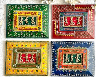 Set of four Wall Hangings in Brass Dhokra Work with Rajasthani Photo Frame; Dhokra art wall hangings; Rajastani frames; Wooden Dhokra art ;