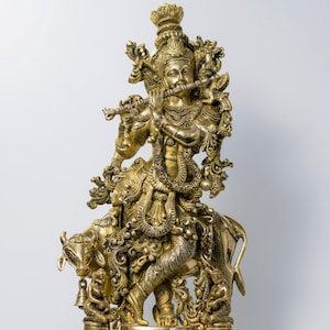 Large Brass Krishna Cow Statue 30 Inch In Brown finish, Brass Krishna Figurine Hindu Divine God Murali Krishna Idol for Home Wedding gifts