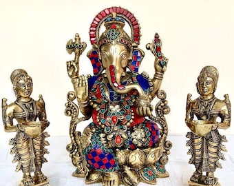 12-Inch Brass Ganesha Statue in Stone Inlay, Modern Ganpati Idol, Ganesh Murti for Home Decor, Hindu Elephant God, Housewarming Wedding Gift