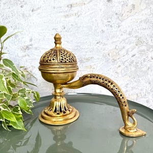 Large 8&quot; Brass Dhoop Dani with Ornate Handle Incense Holder for Home Temple Decor Traditional Incense Burner Indian Puja Decor gifts for her