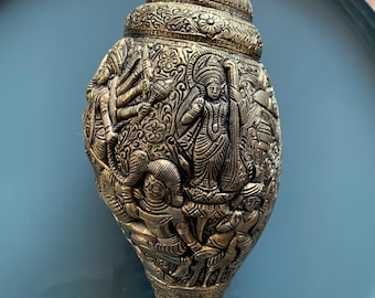 Mässing Durga Shanku vägghängande, hinduisk trumpetsnäcka, religiös dekor, snidad Durga Shankh