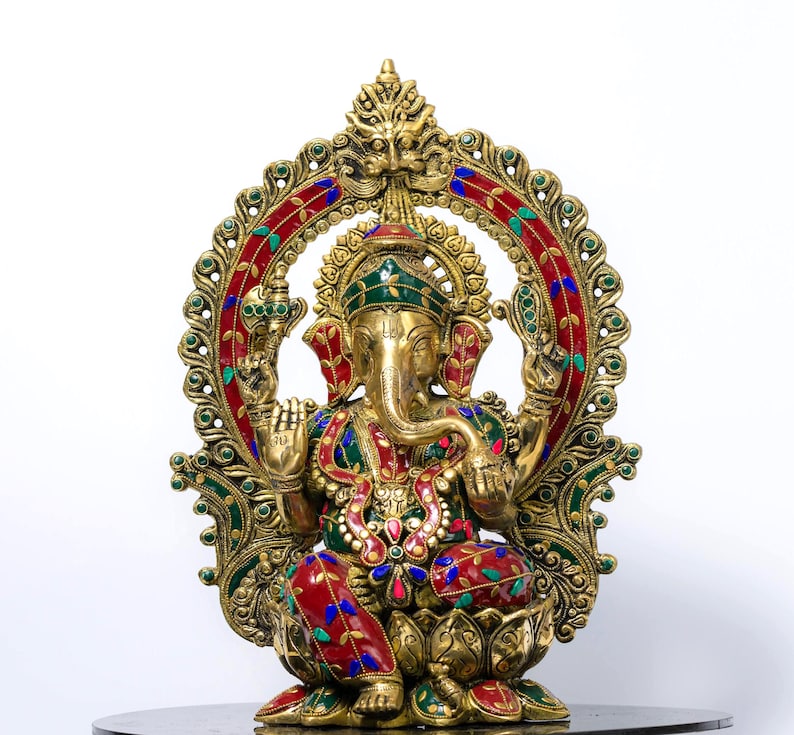 Messing Ganesha Statue in Stein Finish 15 Zoll Ganesh Idol für Home Tempel, Hindu Gott Murti, Kompaktes Messing Ganpati, Spirituelles Dekor Geschenk Bild 7