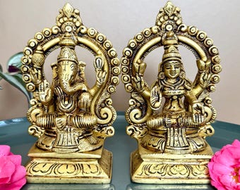 Ídolos de Lakshmi e Ganesha de latão, 14 cm, estátuas de Ganesh Laxmi para Diwali Pooja Laxmi Ganesh Murti, conjunto para decoração de templos e presentes de inauguração de casa