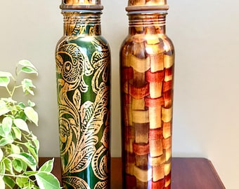 Handmade Pure Copper Water Bottle 32oz in unique Design, Eco-Friendly and Sustainable Ayurvedic Health Benefits Bottle Gift for Him and Her