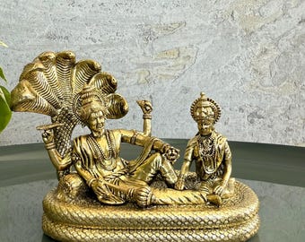 Brass Vishnu Lakshmi Statue Laxmi Narayana Swami Idol Divine Narayan and Lakshmi Sculpture Sheshnaaga Vishnu Temple and Spiritual Home Decor