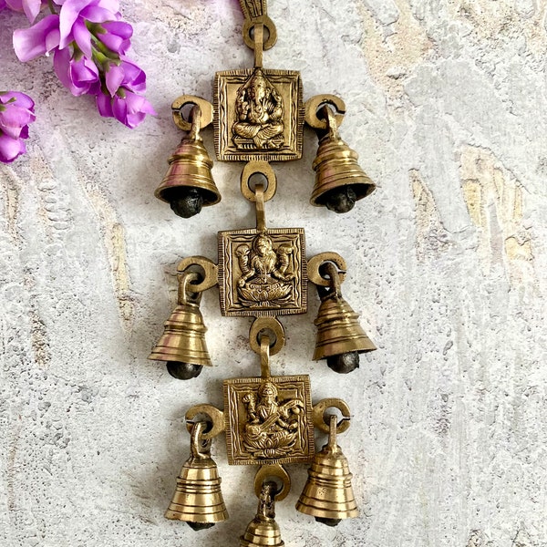 Brass wall hanging in Lord Ganesha, Maa Lakshmi and Maa Saraswati; Pooja Mandir decor;