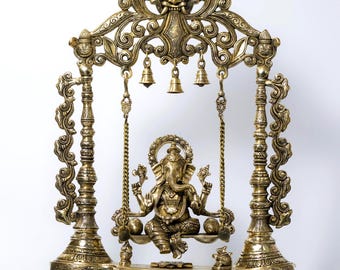 Large Brass Swing Ganesha Statue 25 Inch, Jhula Ganesh Idol, Heavy Brass Ganesha Murti, Hindu God Sculpture, Home Temple Decor Gift for her