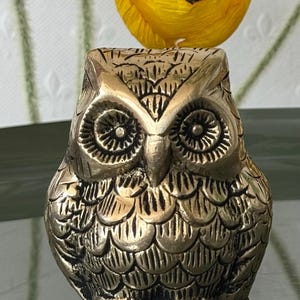 May include: A small, gold-colored owl figurine with detailed feather patterns. The owl has large, round eyes and a beak.