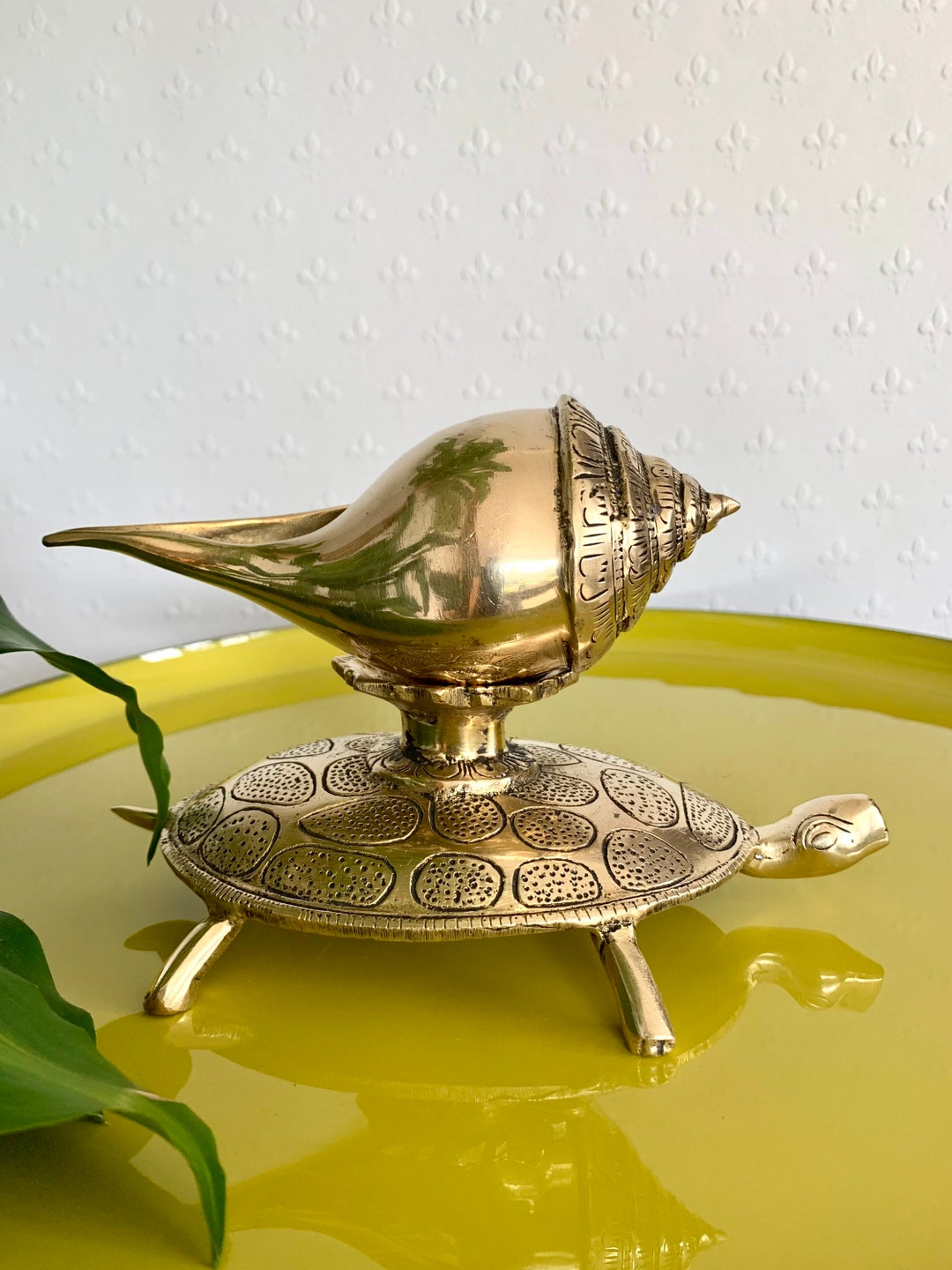 Turtle Shell Conk Brass Shanku or Conch on Turtle - Etsy