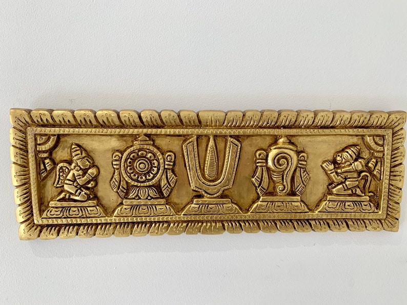 Väggbonad i mässing, Vishnu Shankh Chakra Namah, hinduisk Pooja i mässing, andlig väggkonst för hemmet, inflyttningspresent i mässing bild 2