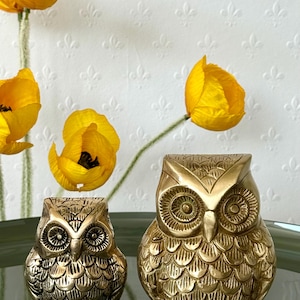 May include: Two gold metal owl figurines. The larger owl is sitting on a green surface. The smaller owl is sitting in front of the larger owl.