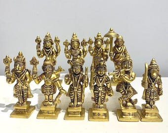 3,5-tums mässings Dashavataram av Lord Vishnu tio inkarnationer avatarer, Vishnu Dashavatar-set; hinduiska gudstatyer; hinduiska idoler i mässing; heminredning;