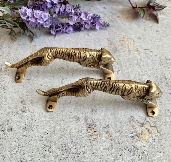 Brass Jaguar Door Handles Handmade tiger handles kids wardrobe Antique Brass Main door handles designer luxury Vintage Animal cabinet pulls