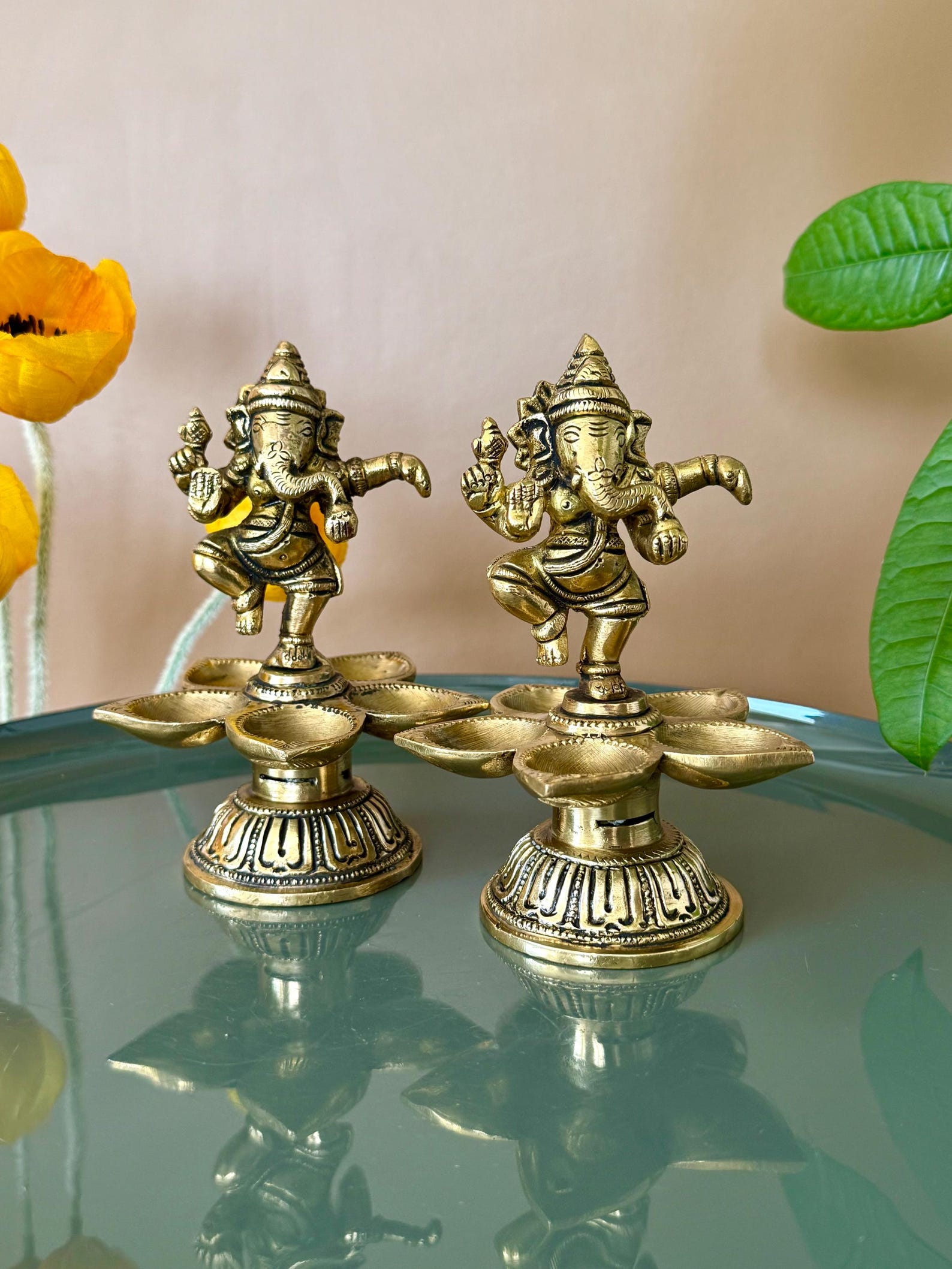 Brass 5.5” inch Ganesha diya pair; Dancing Ganesha Panchmukhi oil lamps Indian Home temple decor,Brass Ganesh diyas for table home decor