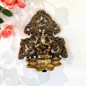 Brass Lord Ganesha Wall Hanging with 6 Oil wick Diyas Brass Vinayaka wall frame Ganesha Housewarming gift spiritual Indian home wall decor