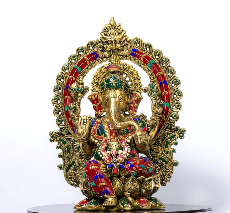 Messing Ganesha Statue in Stein Finish 15 Zoll Ganesh Idol für Home Tempel, Hindu Gott Murti, Kompaktes Messing Ganpati, Spirituelles Dekor Geschenk Bild 2