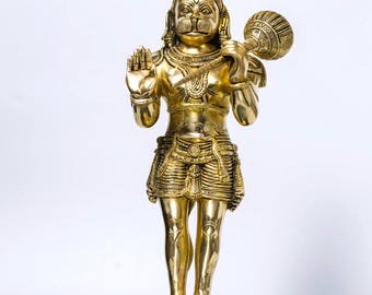 21,5 Zoll Messing Stehendes Hanuman Idol | Messing Hanuman Statue | Handgemachter Hindu-Gott Murti | Tempel & spirituelle Wohnkultur Geschenke