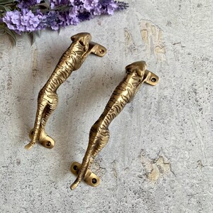May include: Two gold-toned tiger-shaped door handles with detailed features. The handles are mounted on a white surface.