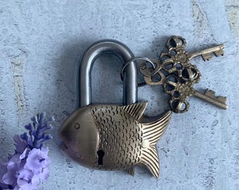 Auspicious Brass Fish Padlock – Indian Temple Lock, Handmade Gate Lock, Unique Metal Lock, Vintage Decor, Christmas Gift Idea