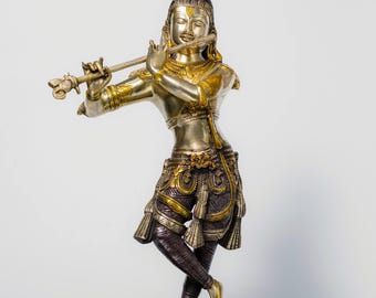 Brass 23" Inch Lord Krishna Statue in Black or Brown and Brass Finish, Handmade Krishna for Home Temple Pooja Mandir Decor Wedding Gift