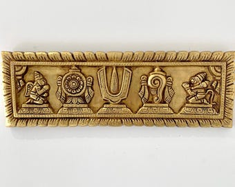 Brass Vishnu Shankh Chakra Namah Wall Hanging, Brass Hindu Pooja Room Decor, Spiritual wall art for Home Mandir, Brass Housewarming gift