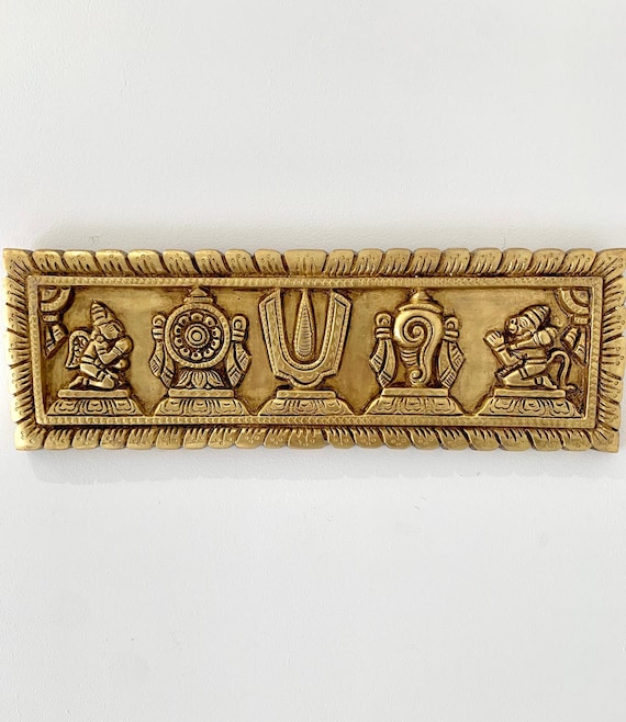 Brass Vishnu Shankh Chakra Namah Wall Hanging, Brass Hindu Pooja Room Decor, Spiritual wall art for Home Mandir, Brass Housewarming gift