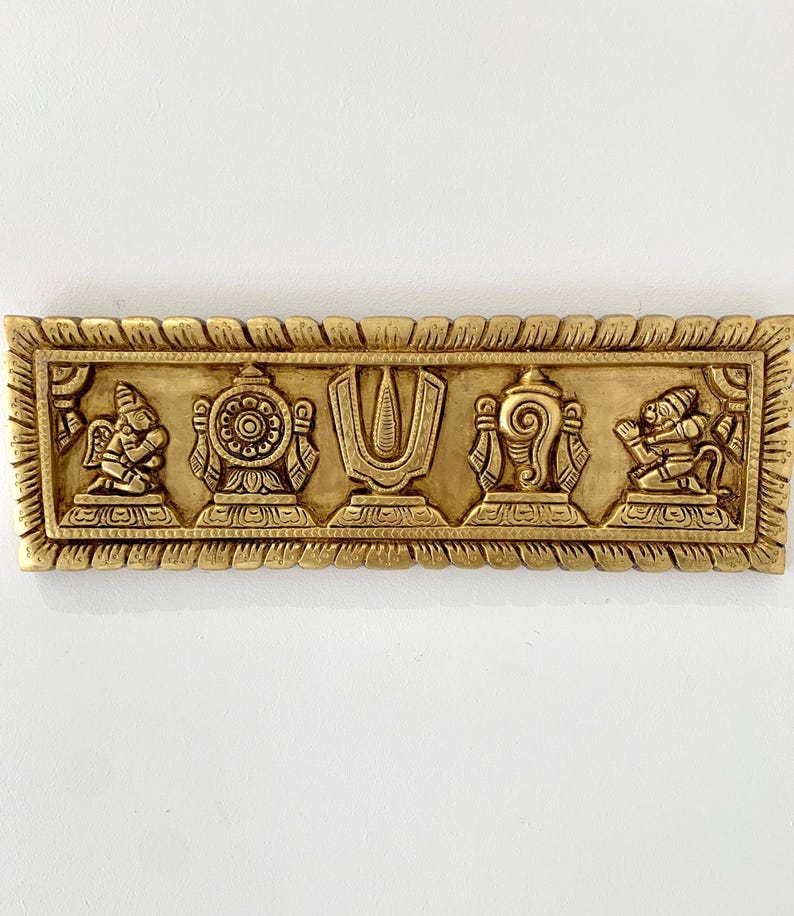 Väggbonad i mässing, Vishnu Shankh Chakra Namah, hinduisk Pooja i mässing, andlig väggkonst för hemmet, inflyttningspresent i mässing bild 1