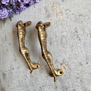May include: A pair of gold-toned metal door handles shaped like a cheetah. The handles are detailed with a cheetah print pattern.