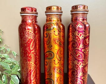 Handmade Pure Copper Water Bottles 32oz in Paisley Designs,Eco-Friendly and Sustainable Ayurvedic Health Benefits Bottle Gift for Him or Her