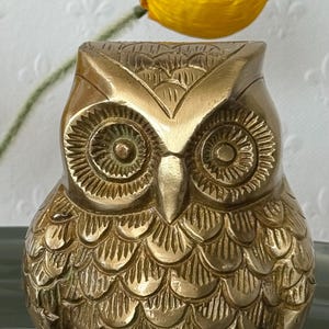 May include: A gold-colored brass owl figurine with detailed carvings. The owl has large, round eyes and a textured body.