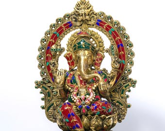 Brass Ganesha Statue in Stone Finish 15 Inch Ganesh Idol for Home Temple, Hindu God Murti, Compact Brass Ganpati, Spiritual Decor Gift