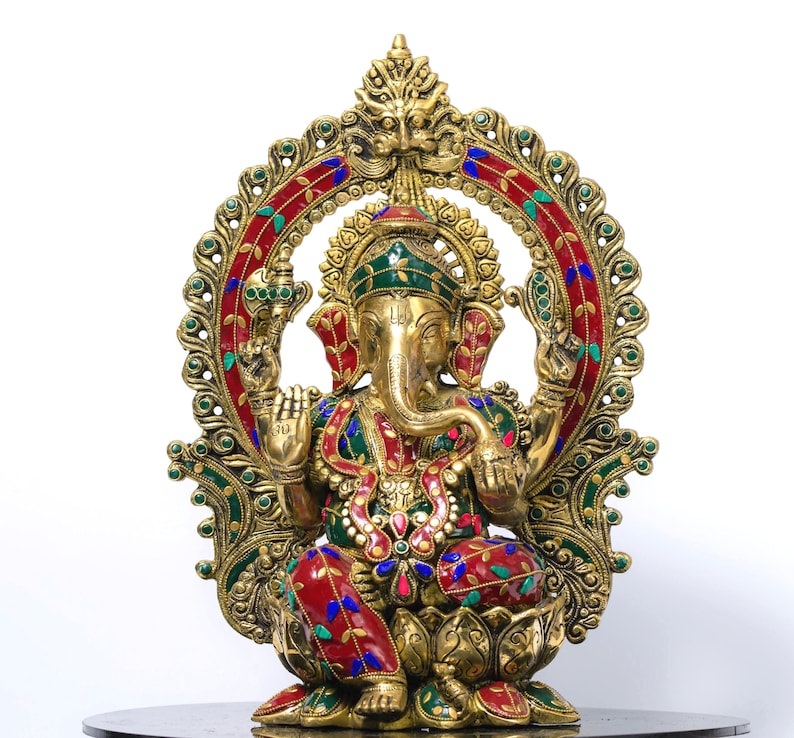 Messing Ganesha Statue in Stein Finish 15 Zoll Ganesh Idol für Home Tempel, Hindu Gott Murti, Kompaktes Messing Ganpati, Spirituelles Dekor Geschenk Bild 1