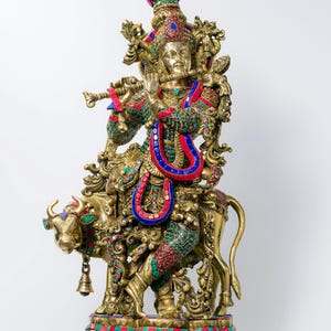Brass Krishna Statue, 27&quot; Cow Krishna Brass Idol, Hindu Religious god Krishna Bhagwan for Temple Mandir Altar, Krishna Murti, Home Decor