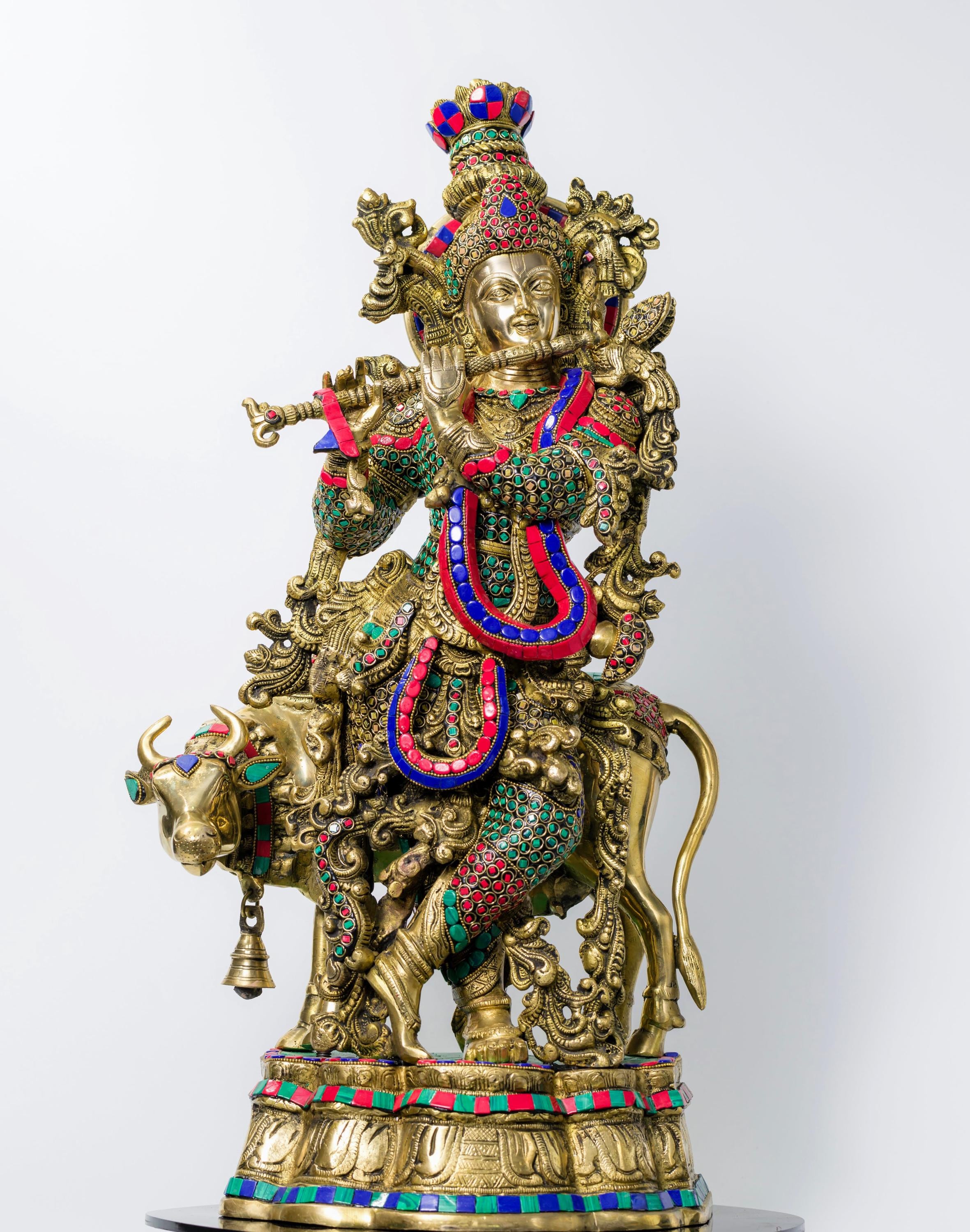 真鍮製(?)銅製(?)の像(クリシュナ像?) 真鍮製クリシュナ像、27インチの牛クリシュナ真鍮アイドル、寺院