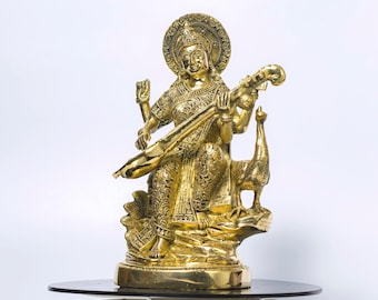 Brass Saraswati Idol 40 cm, Estatua de la Diosa Maa Saraswati, Diosa Hindú del Conocimiento, Música y Artes, Brass Saraswathi Murti para el Templo del Hogar