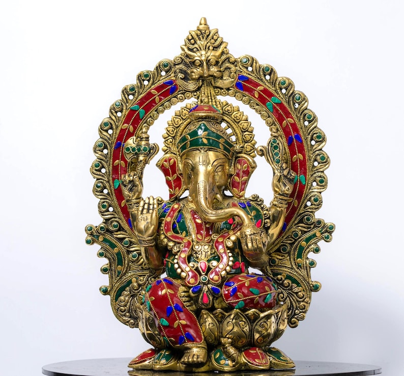 Messing Ganesha Statue in Stein Finish 15 Zoll Ganesh Idol für Home Tempel, Hindu Gott Murti, Kompaktes Messing Ganpati, Spirituelles Dekor Geschenk Bild 6