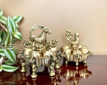 Brass Antique Kumkum box in two designs with peacock Vintage Brass Spice box with six compartments, Brass Sindoor Box, Pooja Box, Tikka Box
