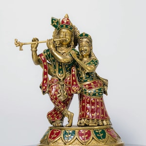 Brass Radha Krishna Statue, 15&quot; Radha Krishna Brass Idol, Krishna Bhagwan for Temple Mandir Altar, Krishna Murti, Home Decor
